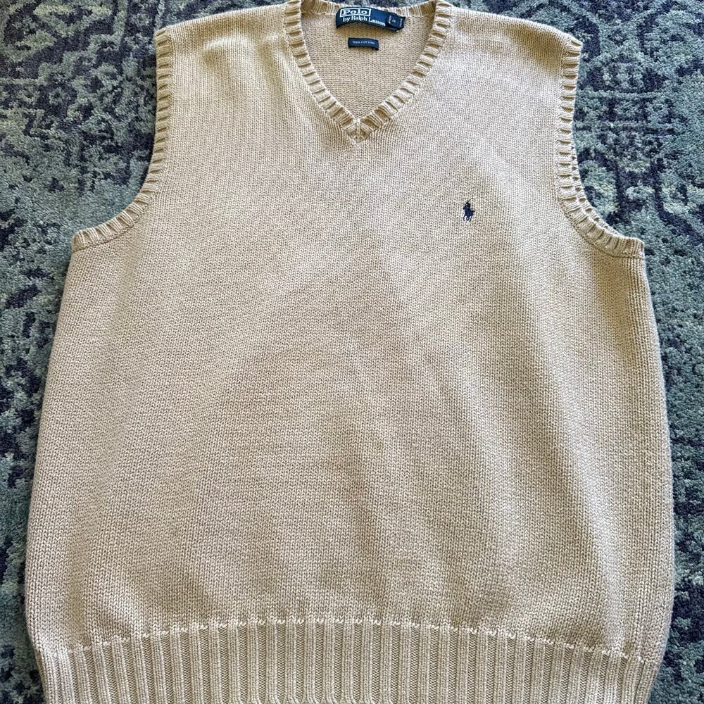 Polo Ralph Lauren | Vintage Beige Knit Navy Horse Logo Sweater Vest Preppy- Sz L